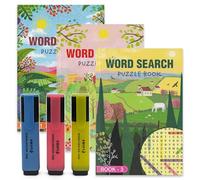 ihoot Wordsearch - Set di libri e evidenziatori, 3 libri di ricerca di parole per adulti, 3 pratici evidenziatori, set da viaggio con oltre 130 rompicapi in ciascuno