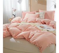 IHOUSTRIY Set copripiumino per letto matrimoniale, 100% microfibra lavata, 3 pezzi, con pompon, frangia in tinta unita, morbido e traspirante, con chiusura a cerniera e lacci agli angoli, rosa