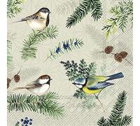 IHR Ideal Home Range - Tovaglioli invernali di Natale MAISIE'S FRIENDS sage cincia passero uccelli rami di abete, 20 tovaglioli da cocktail 25 cm x 25 cm