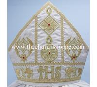 IHS Ricamo, WHITE Mitra, Mitra Vescovile, Bishop's Mitre, NEW