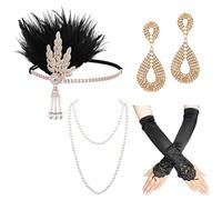 iHUFeather Set da donna anni '20 con fascia per capelli, collane, orecchini, guanti per costume da sposa vintage, Nero-03, Medium-03