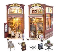 Iiecreat DIY Book Nook Kit 3D Wooden Book Stand Puzzle Dollhouse Toy with LED Light and Music Movemen for Teens and Adults Building Creative Gifts (Caffè)