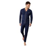 IIGranchio - Pigiama Uomo Aperto Davanti | Cotone 100% | Lungo - Scollo Serafino - Pigiama Uomo, Completo Notte | Cotone Morbido - Traspirante - Comfort Naturale Quotidiano | BLU L