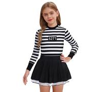 iiniim Costume Di Prigioniera Per Bambine Abito A Righe Maniche Lunghe Con Bottone Nella Spalliera Uniforme Di Detenuto Per Halloween E Carnevale Anni Nero 13-14 anni