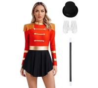 iiniim Ringmaster Costume da Domatrice Circo Donna Maniche Lunghe Tutu Vestito da Maestro di Circo con Cappello Guanti Bacchetta Set Rosso L