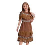 iiniim Vestito Da Regina Guerriera Vichinga Per Bambina Con Frange Di Camoscio Scamosciato E Ricamato Costume Nativo Americano Selvaggio West Per Feste A Tema Marrone scuro 7-8 anni