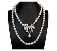 IINKUEYK accessori alla moda Collana di perle di riso bianco coltivate d'acqua dolce a 2 file Ciondolo con pavé di zirconi cubici Bowknot da 18 pollici