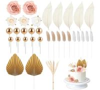 IIRC 37 decorazioni per torte boho, per matrimonio, con petali di rosa artificiali, foglie di palma, foglie di magnolia, erba coda, orzo, bouquet di fiori, per compleanno, matrimonio, ecc