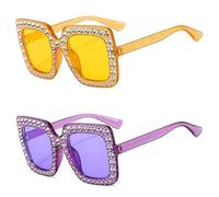 IKANOO Elton John - Occhiali da sole da donna con cristalli e montatura quadrata con strass, Giallo/Viola, L