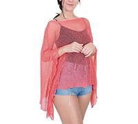 Ikat Donna Poncho a Manica Pipistrello a Rete in Pizzo Lavorato all'Uncinetto (Taglia Unica, Coral)