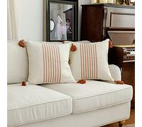 IKATYARN Confezione da 2 federe per cuscino in morbida ciniglia, 45 x 45 cm, stile bohémien, rosso ruggine e bianco sporco, con nappe, decorazione moderna per divano e letto