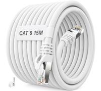 ikbc Cable Ethernet 15m Blanco, Cat 6 Red 15m FTP Blindado Gigabit RJ45 | Gigabit Internet de Alta Velocidad, Blindaje Antiinterferencias, Conductores 23AWG, Ideal para PS5 y fibra, Incluye 15 clips