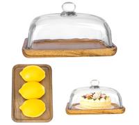 Ikerall Alzata rettangolare in legno con cupola in vetro, grande mini supporto per torte con campana in vetro trasparente, vassoio per torte, per cucina, feste di compleanno, matrimoni, CAKE-FANG01