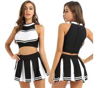 IKFGTJRE Costume da Cheerleader 2 pezzi, costume da cheerleader for adulti e donne, uniforme ballo, scuola, ragazze, cosplay, top corto con colletto alto mini gonna a pieghe Per lo sport(Black,S)