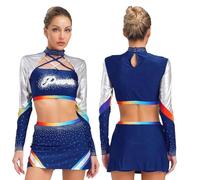 IKFGTJRE Costume da Cheerleader Costume da cheerleader con strass lucidi donna, uniforme, abiti scuola for ragazze, top corti gonna ballo Per lo sport(Dark Blue,S)