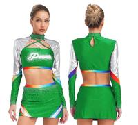 IKFGTJRE Costume da Cheerleader Costume da cheerleader con strass lucidi donna, uniforme, abiti scuola for ragazze, top corti gonna ballo Per lo sport(Green,L)