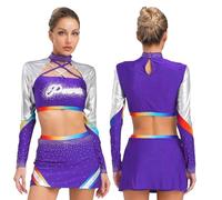 IKFGTJRE Costume da Cheerleader Costume da cheerleader con strass lucidi donna, uniforme, abiti scuola for ragazze, top corti gonna ballo Per lo sport(Purple,XXL)