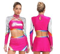 IKFGTJRE Costume da Cheerleader Costume da cheerleader con strass lucidi donna, uniforme, abiti scuola for ragazze, top corti gonna ballo Per lo sport(Pink,L)