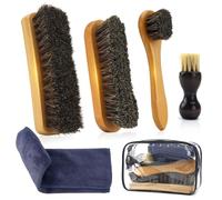 IKI Set di 6 spazzole per scarpe in pelle, set da viaggio con 4 spazzole per capelli di cavallo e legno di faggio + pacchetto di pulizia (panno in microfibra e borsa per il trasporto), Giallo -Marrone