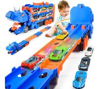 iKidiki Dinosauri Camion Macchinine per Bambini, Gioco Bambino 2 3 4 5 Anni Dinosauri per Bambini Regalo Bambino 2 3 4 5 Anni Camion Giocattolo per Bambini, Traccia Car con 6 Auto da Corsa in Lega