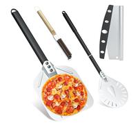 iklestar 4 accessori per forno per pizza, pala perforata per pizza da 30,5 cm, in alluminio, 22,9 cm, con manico lungo, spazzola per la pulizia della pietra del forno per cottura fatta in casa e