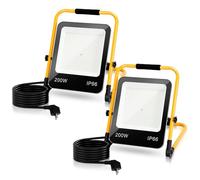 Ikodm Faretto LED da Cantiere, 2 Pack 200W Super Luminoso Faro LED con 3M Cavo Spina, Lampada da Lavoro portatile 16000LM 6000K con Staffa Pieghevole, Impermeabile IP66 per Garage Auto
