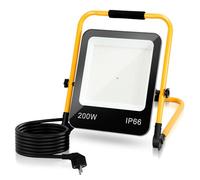 Ikodm Faretto LED da Cantiere, 200W Super Luminoso Faro LED con 3M Cavo Spina, Lampada da Lavoro portatile 16000LM 6000K con Staffa Pieghevole, Impermeabile IP66 per Uso Interno ed Esterno
