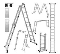 Ikodm Scala multiuso 4 x 4 gradini 4,7 m, 7 in 1, in alluminio, fino a 150 kg, con 2 ruote per il trasporto e 2 piattaforme, scaletta pieghevole in alluminio