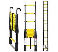 Ikodm Scala telescopica in alluminio, 4,4 m, con gancio rimovibile, portata 150 kg, antiscivolo, allungabile, scala in alluminio, colore: nero e giallo