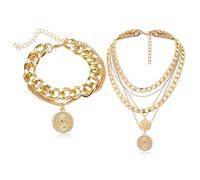 IKOPFLN Punk Chunky Collana e bracciale d'oro Catena Esagerata Strati Cubano Collana Collana clavicola in oro a 5 strati Regolabile 34/36/40/42/48 CM per Donne Ragazza, 2 Pezzi