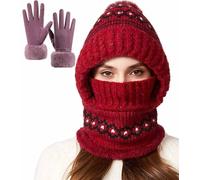 iksya Cappello Invernale Donna con Guanti - Cappellos 3 in 1 con Sciarpa e Mascherina Antivento Foderato in Pile Elegante Hat Sci/Lavoro per Il Freddo(Red)