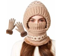 iksya Cappello Invernale Donna con Guanti - Cappellos 3 in 1 con Sciarpa e Mascherina Antivento Foderato in Pile Elegante Hat Sci/Lavoro per Il Freddo(Khaki)