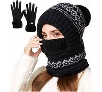 iksya Cappello Invernale Donna con Guanti - Cappellos 3 in 1 con Sciarpa e Mascherina Antivento Foderato in Pile Elegante Hat Sci/Lavoro per Il Freddo(Black)