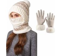 iksya Cappello Invernale Donna con Guanti - Cappellos 3 in 1 con Sciarpa e Mascherina Antivento Foderato in Pile Elegante Hat Sci/Lavoro per Il Freddo(Milky White)