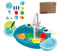 Il bambino gioca a lavandino con acqua corrente, rubinetto a rotazione, gioca al cibo e utensili da cucina, giocattolo di gioco per bambini
