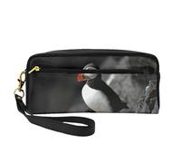 Il becco dell'uccello della pulcinella di mare atlantica si siede sulla roccia, Borsa per il trucco Borsa per cosmetici Borsa da viaggio portatile da toilette Astuccio in pelle per donne e ragazze