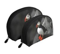 Il becco dell'uccello della pulcinella di mare atlantica si siede sulla roccia, Borsa per trucco a conchiglia Portamonete da donna Borsa da toilette piccola Borsa per cosmetici 2 pezzi