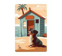 Il Cane È Vicino Alla Casa Di Latta Sulla Spiaggia Cartelli Metallo Divertente Cartello Decorativo Decorative Poster Metal Per Cucina Murale Club
