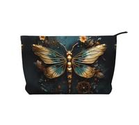 Il fiore delicato della libellula di colore dell'oro ha stampato la borsa cosmetica del velluto a coste, borsa impermeabile di stoccaggio degli articoli da to, Nero , Taglia unica