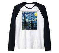 Il Gatto della Notte Stellata - Van Gogh Ispirato Parodia Art with Cat Maglia con Maniche Raglan