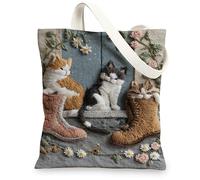 Il gatto ha ricamato le borse di totalizzatore della tela, borse della spesa riutilizzabili di progettazione felina artistica, tela lavabile leggera floreale d'ann, Multicolore, 13x15 Inch