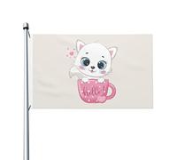 Il Gatto Seduto Nella Tazza Bandiere Di Benvenuto Durevole Bandiere Da Giardino Divertente Garden Flag Per Patio All'Aperto Interni 90X150 Cm