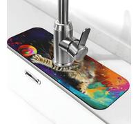 Il gatto sta giocando con la palla colorata. Tappetino paraspruzzi per lavandino, ventosa per rubinetto della cucina, maniglia del rubinetto, vassoio raccogli gocce per bagno (38,1 x 14 cm)