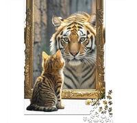 Il gatto vede la riflessione della tigre Puzzle Da 1000 Pezzi Per Appassionati, Cartone Riciclato Spesso, Decorazione Murale, Regalo Di Festa, Puzzle Educativo 38x26cm/1000pcs