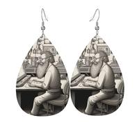 Il grande inventore Orecchini in pelle a forma di lacrima, set da 2, ganci per le orecchie placcati in argento 925, antiruggine, con tappi per le orecchie, adatti per feste, San Valentino