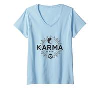 Il Karma è Reale: Yin Yang Equilibrio Spirituale Saggezza Maglietta con Collo a V, Donna, Celeste, L