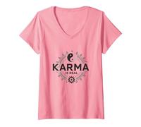 Il Karma è Reale: Yin Yang Equilibrio Spirituale Saggezza Maglietta con Collo a V, Donna, Rosa, S