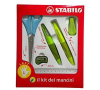 il KIT dei MANCINI: SET PRIMA SCRITTURA appositamente studiata per i mancini comprende oltre la penna ergometrica, la gomma con scanalature per sinistra, La matita a scatto, il temperino, il righello con numerazione da destra a sinistra e a completare la forbice per mancini