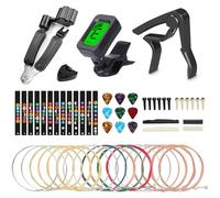 Il kit di accessori per chitarra include corde per chitarra acustica, accordatore, capotasto, strumento di restring 3 in 1, porta plettri, perni del ponte, dadi e selle, adesivi per tastiera