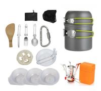 Il kit di pentole con zaino in spalla include coperchio in alluminio anodizzato duro, ciotola pieghevole in acciaio inox, cucchiaio, forchetta, spada spugna per la pulizia e sacchetti di stoccaggio